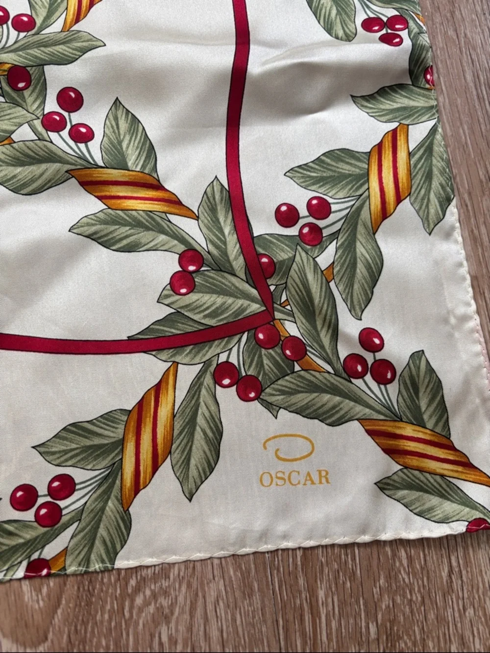 Vintage Oscar de la Renta Silk Scarf, Cream Holly Berry Holiday Print 34